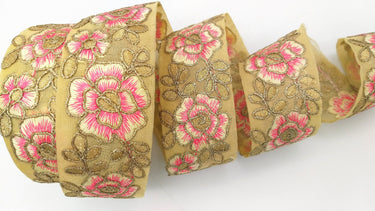 Pink and Gold Floral Embroidery Trimming, Embroidered Roses Flowers Trim, Sheer Fabric Lace